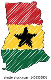 Ghana map hand drawn sketch. Vector concept illustration flag, childrens drawing, scribble map. Country map for infographic, brochures and presentations isolated on white background. Vector