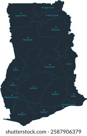 Ghana map high detailed with administrative divide by state, capital cities names, outline simplicity style. Vector illustration EPS10.