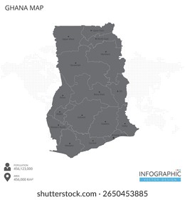 Mapa de Gana altamente detalhado com regiões e cidades do país sobre fundo branco. Ilustração vetorial EPS10.