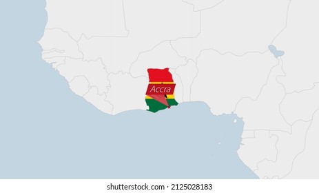 Mapa de Ghana resaltado en los colores de la bandera de Ghana y en Accra, capital del país, mapa con los países africanos vecinos.