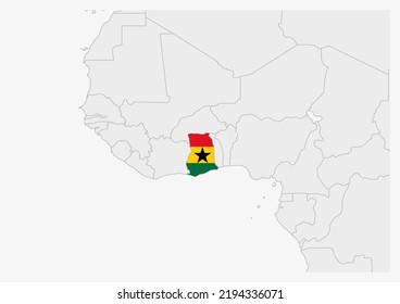 Ghana map highlighted in Ghana flag colors, gray map with neighboring countries.