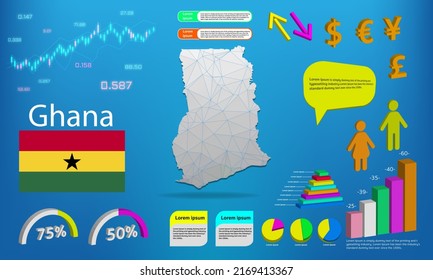 gráficos de información de mapas de ghana - colección de gráficos, símbolos, elementos e iconos. Mapa detallado de ghana con elementos de infografía empresarial de alta calidad.