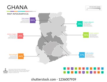 Ghana map infographics with editable separated layers, zones, elements and district area in vector