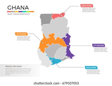 Ghana map infographics vector template with regions and pointer marks