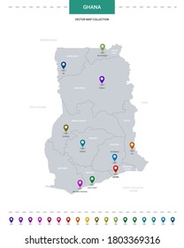 Ghana map with location pointer marks. Infographic vector template, isolated on white background. 