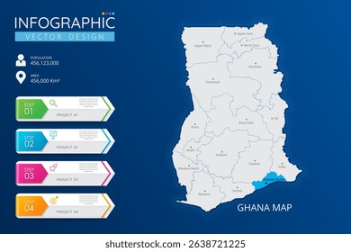 Ghana map with location pointer marks. High detailed country map with division, cities and capital infographic template. Vector illustration EPS10