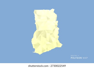 Ghana Map in low poly polygon vector style, geometric shape illustration with soft yellow tones on blue background, clean silhouette for infographic.