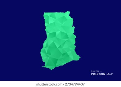 Ghana Map - low poly polygon vector, geometric triangulated silhouette in green and blue tones, clean modern style, isolated background for infographic use.