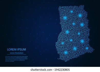 Ghana map from point blue and glowing stars on a dark background. Vector eps 10.