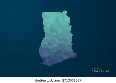 Mapa de Gana - Ilustração vetorial estilo polígono com gradiente azul-escuro, baixo design geométrico poly, digital e tecnologia inspirada, Silhueta limpa no fundo escuro.