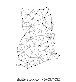 Ghana map of polygonal mosaic lines network, rays and dots vector illustration.