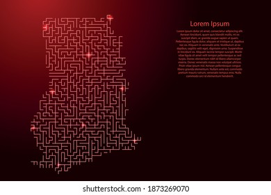 Ghana map from red pattern of the maze grid and glowing space stars grid. Vector illustration.