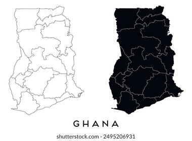 Ghana map of regions districts vector black on white and outline