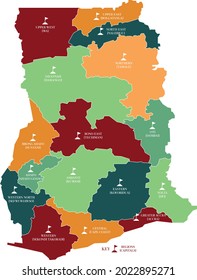 Ghana map with sixteen regions and capitals