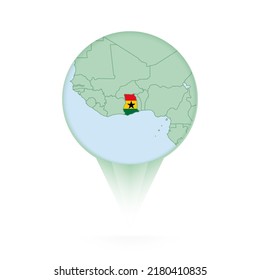 Ghana map, stylish location icon with Ghana map and flag. Green pin icon.
