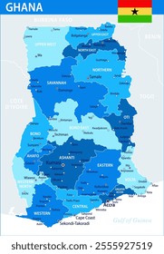 Ghana Map Vector Blue Spot - Customizable layered political map of Ghana with administrative divisions for website, education, reports, news, politics, print, poster and wallpaper