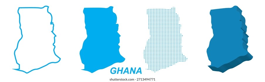 Mapa do Gana Conjunto Vetorial, África Ocidental Contorno Silhueta Pontilhada 3D Formas Sólidas, País do Gana Modelo Infográfico, Editável EPS Gana Geografia