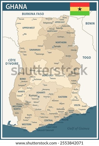 Ghana Map Vector Vintage Dark Blue Beige - Customizable layered political map of Ghana with administrative divisions for website, education, reports, news, politics, print, poster and wallpaper