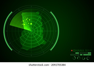 Ghana Map - World Map International vector template with futuristic circle radar style HUD, GUI, UI interface isolated on dark green background - Vector illustration eps 10