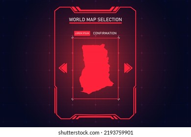 Mapa de Ghana - Mapa mundial de la plantilla vectorial internacional con color rojo en el estilo de perspectiva y HUD, interfaz gráfica de usuario, aislada en el fondo negro para el diseño - Ilustración vectorial eps 10