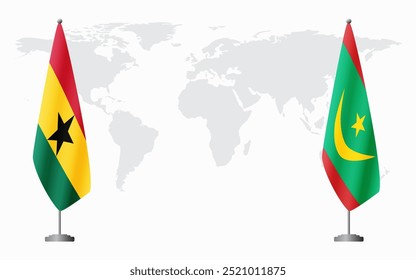 Ghana and Mauritania flags for official meeting against background of world map.