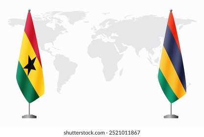 Bandeiras de Gana e Maurício para reunião oficial contra fundo do mapa do mundo.