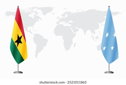 Bandeiras de Gana e da Micronésia para reunião oficial contra o fundo do mapa do mundo.