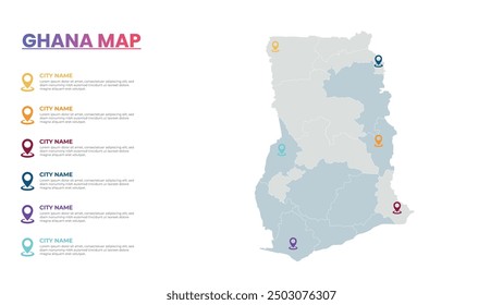 Ghana Modern Map Infografik Vorlage, Detaillierte Infografik Karte von Ghana Beliebte Stadt