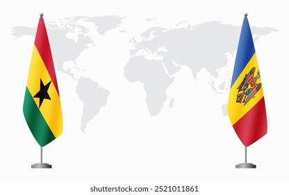 Bandeiras de Gana e Moldávia para reunião oficial contra fundo do mapa do mundo.