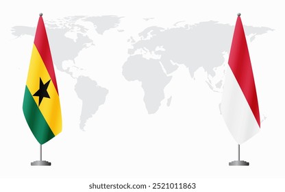 Ghana and Monaco flags for official meeting against background of world map.