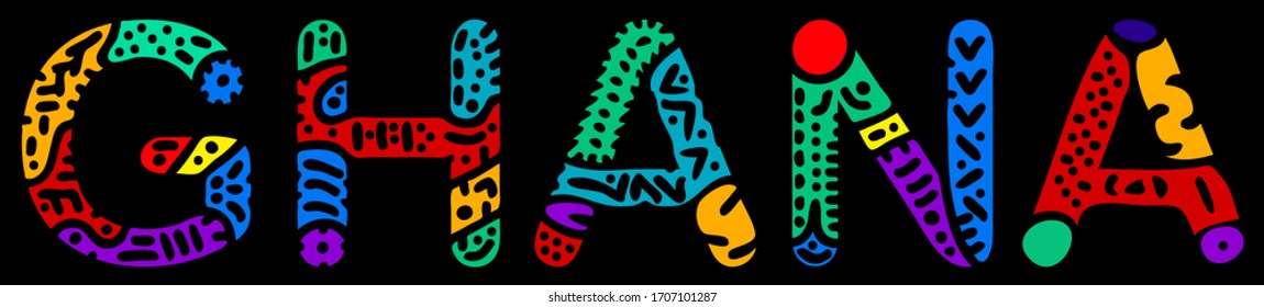 Ghana. Multicolored bright contrast isolate inscription. Colored curves doodle letters on black. Ghana for print, clothing, t-shirt, souvenir, booklet, banner, flyer, card, bag. Stock vector picture.