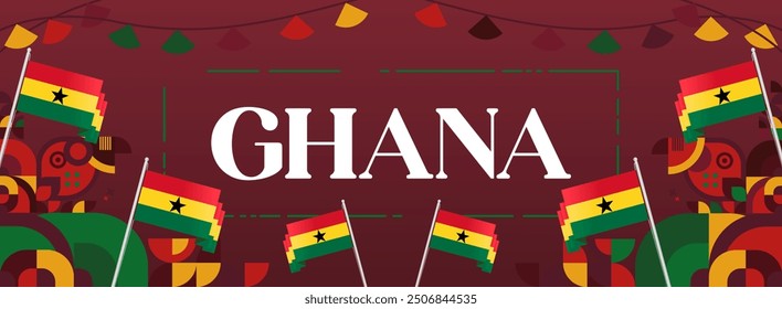 Ghana National Day Banner in modern abstract geometric style. Wide banner suitable for Ghana independence day greeting cards, web, flyers, posters and more with the country flag. Happy Ghana Day