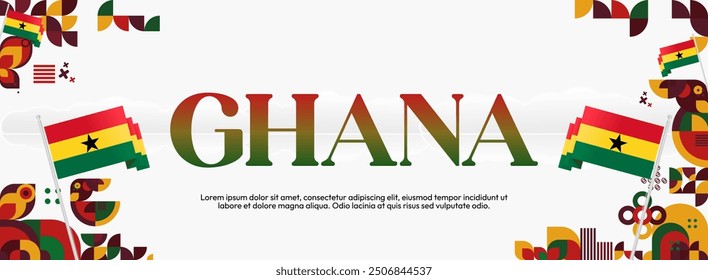 Ghana National Day Banner im modernen abstrakten geometrischen Stil. Breites Banner geeignet für Ghana Unabhängigkeitstag Grußkarten, Web, Flyer, Plakate und mehr mit der Landesflagge. Alles Gute zum Ghana-Tag