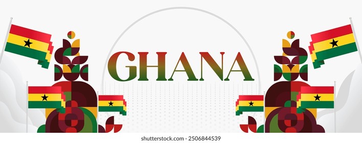 Ghana National Day Banner im modernen abstrakten geometrischen Stil. Breites Banner geeignet für Ghana Unabhängigkeitstag Grußkarten, Web, Flyer, Plakate und mehr mit der Landesflagge. Alles Gute zum Ghana-Tag