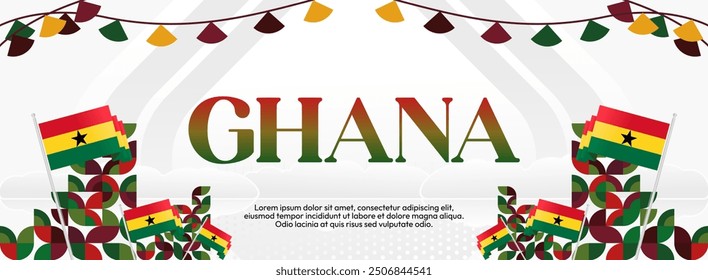 Ghana National Day Banner im modernen abstrakten geometrischen Stil. Breites Banner geeignet für Ghana Unabhängigkeitstag Grußkarten, Web, Flyer, Plakate und mehr mit der Landesflagge. Alles Gute zum Ghana-Tag