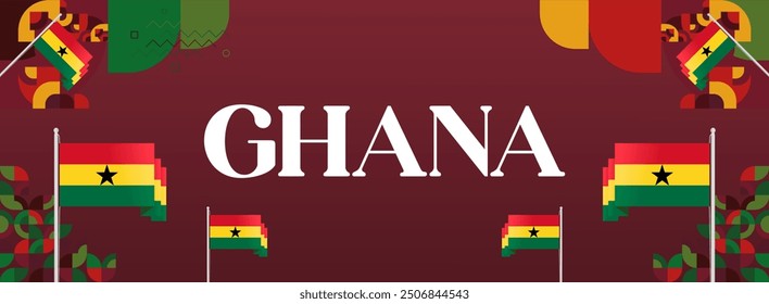 Ghana National Day Banner im modernen abstrakten geometrischen Stil. Breites Banner geeignet für Ghana Unabhängigkeitstag Grußkarten, Web, Flyer, Plakate und mehr mit der Landesflagge. Alles Gute zum Ghana-Tag