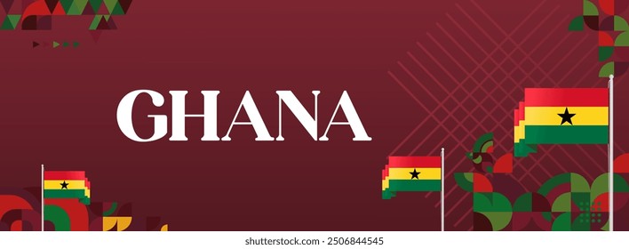 Ghana National Day Banner im modernen abstrakten geometrischen Stil. Breites Banner geeignet für Ghana Unabhängigkeitstag Grußkarten, Web, Flyer, Plakate und mehr mit der Landesflagge. Alles Gute zum Ghana-Tag