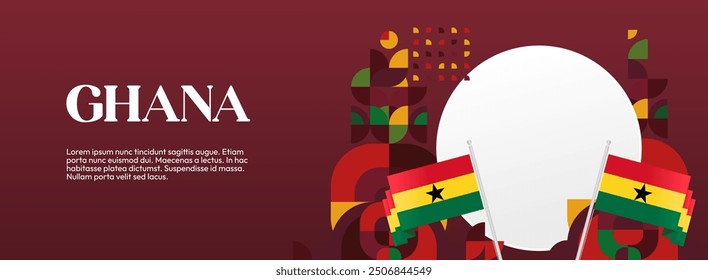 Ghana National Day Banner in modern abstract geometric style. Wide banner suitable for Ghana independence day greeting cards, web, flyers, posters and more with the country flag. Happy Ghana Day