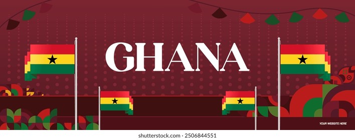 Ghana National Day Banner im modernen abstrakten geometrischen Stil. Breites Banner geeignet für Ghana Unabhängigkeitstag Grußkarten, Web, Flyer, Plakate und mehr mit der Landesflagge. Alles Gute zum Ghana-Tag