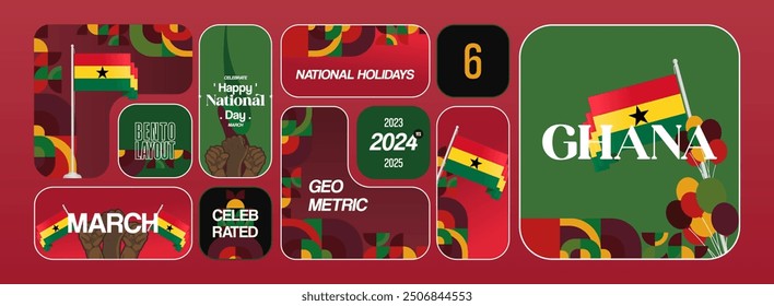 Ghana National Day Banner im modernen abstrakten geometrischen Stil. Breites Banner geeignet für Ghana Unabhängigkeitstag Grußkarten, Web, Flyer, Plakate und mehr mit der Landesflagge. Alles Gute zum Ghana-Tag