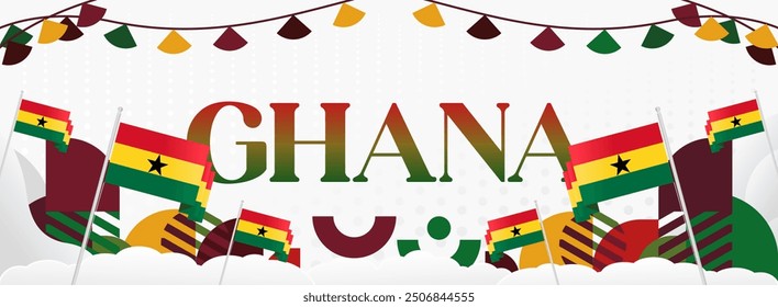 Ghana National Day Banner im modernen abstrakten geometrischen Stil. Breites Banner geeignet für Ghana Unabhängigkeitstag Grußkarten, Web, Flyer, Plakate und mehr mit der Landesflagge. Alles Gute zum Ghana-Tag