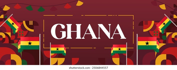 Ghana National Day Banner in modern abstract geometric style. Wide banner suitable for Ghana independence day greeting cards, web, flyers, posters and more with the country flag. Happy Ghana Day