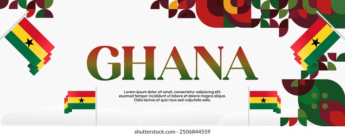 Ghana National Day Banner in modern abstract geometric style. Wide banner suitable for Ghana independence day greeting cards, web, flyers, posters and more with the country flag. Happy Ghana Day