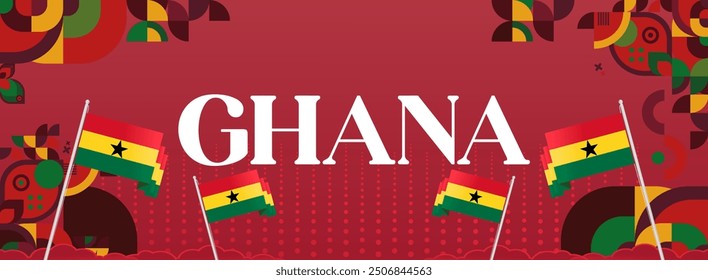 Ghana National Day Banner im modernen abstrakten geometrischen Stil. Breites Banner geeignet für Ghana Unabhängigkeitstag Grußkarten, Web, Flyer, Plakate und mehr mit der Landesflagge. Alles Gute zum Ghana-Tag