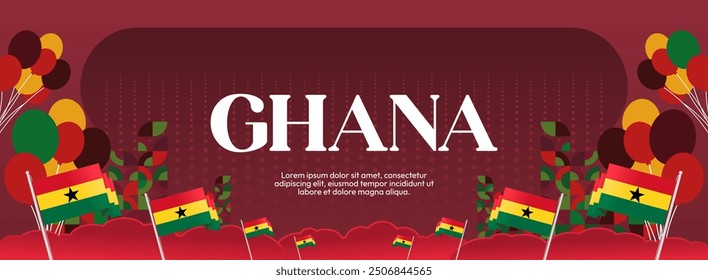 Ghana National Day Banner im modernen abstrakten geometrischen Stil. Breites Banner geeignet für Ghana Unabhängigkeitstag Grußkarten, Web, Flyer, Plakate und mehr mit der Landesflagge. Alles Gute zum Ghana-Tag