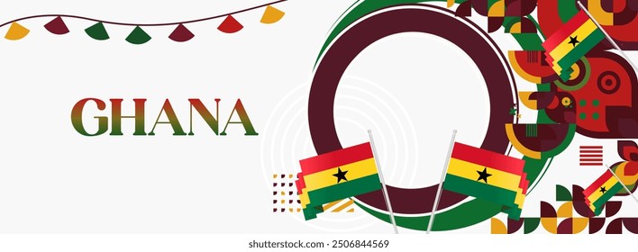 Ghana National Day Banner im modernen abstrakten geometrischen Stil. Breites Banner geeignet für Ghana Unabhängigkeitstag Grußkarten, Web, Flyer, Plakate und mehr mit der Landesflagge. Alles Gute zum Ghana-Tag