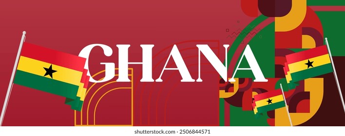 Ghana National Day Banner in modern abstract geometric style. Wide banner suitable for Ghana independence day greeting cards, web, flyers, posters and more with the country flag. Happy Ghana Day