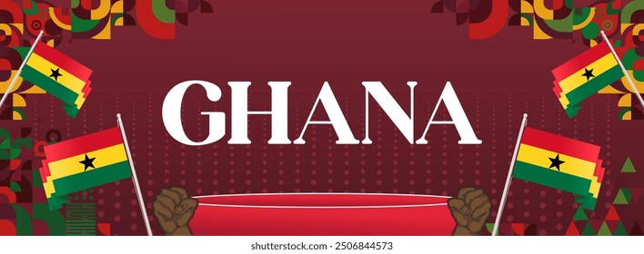 Ghana National Day Banner in modern abstract geometric style. Wide banner suitable for Ghana independence day greeting cards, web, flyers, posters and more with the country flag. Happy Ghana Day