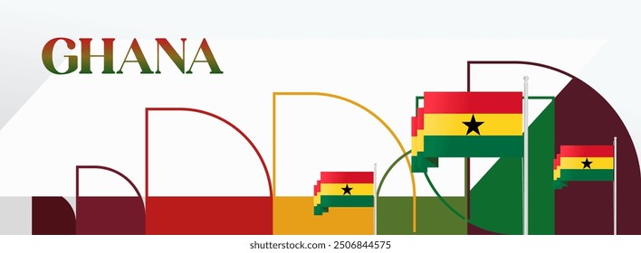 Ghana National Day Banner in modern abstract geometric style. Wide banner suitable for Ghana independence day greeting cards, web, flyers, posters and more with the country flag. Happy Ghana Day