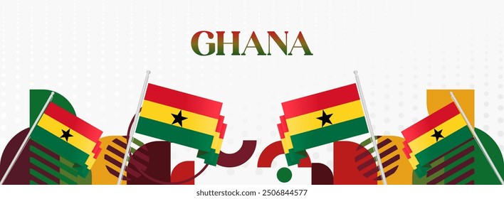 Ghana National Day Banner im modernen abstrakten geometrischen Stil. Breites Banner geeignet für Ghana Unabhängigkeitstag Grußkarten, Web, Flyer, Plakate und mehr mit der Landesflagge. Alles Gute zum Ghana-Tag